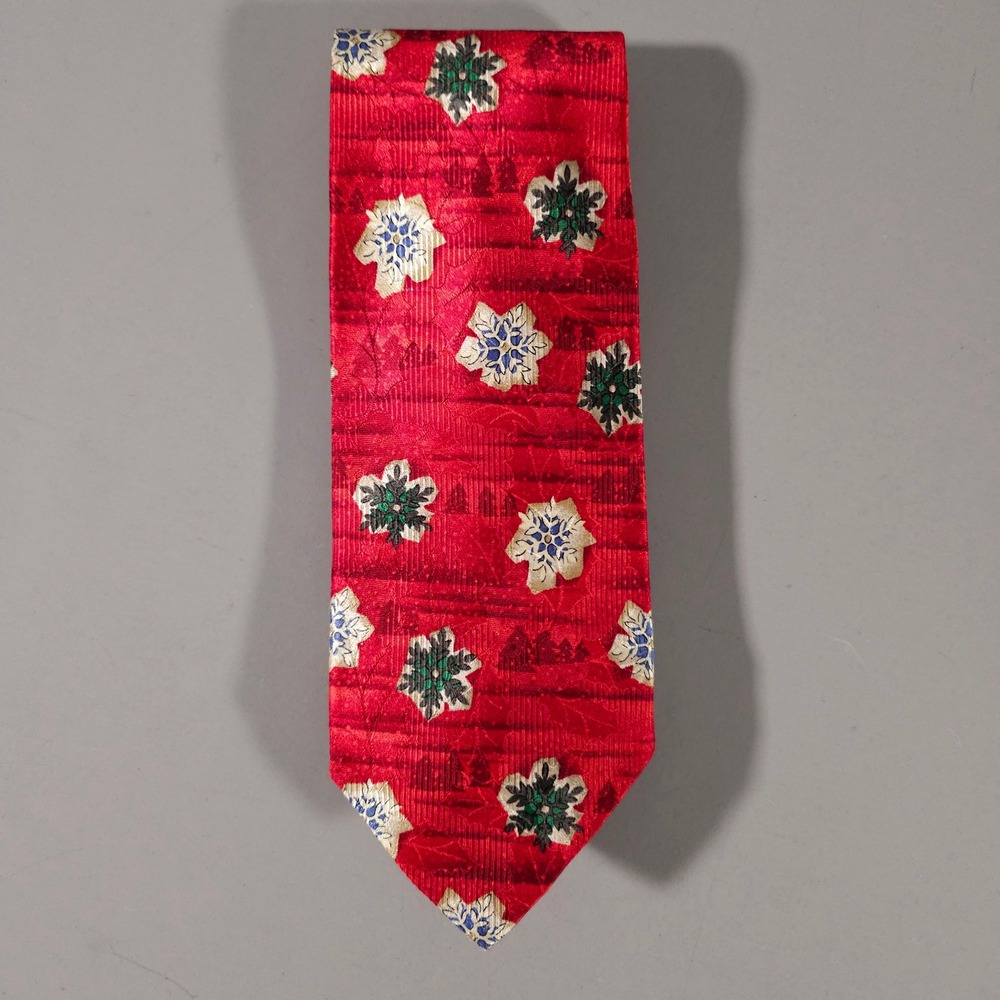 Robert Talbott Necktie Mens OS Red Silk Snowflake Holiday Christmas Tree USA